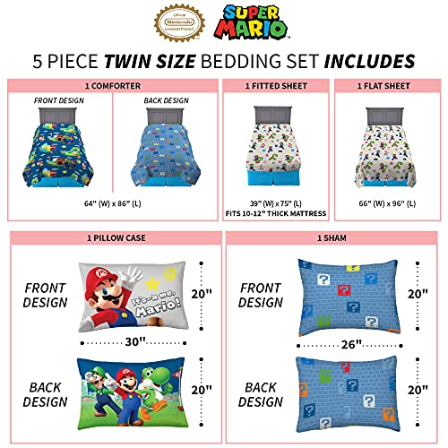 Super Mario Kids Bedding Set, Twin Size 5 Piece Comforter and Sheet Set with Sham, (Officially Licensed Product) by Franco - color: Mario, size: 5 Piece Twin Size