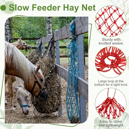 Slow Feeder Hay Net, 40" Length 2" Holes Strong Load-Bearing, Nylon Slow Feed Bag Hay Feeder, (Red, 1 Pcs), Intended for Horses/Goats/Trailer/Stall - color: Red