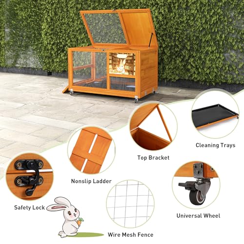 COZIWOW Wooden 36Inches Rabbit Hutch Indoor with Wheels Bunny Cage Outdoor Rabbit Cage with Clean Tray, Openable Roof, Anti-Slip Ramp for Small Bunny (Orange with Pattern) - color: Orange with Pattern
