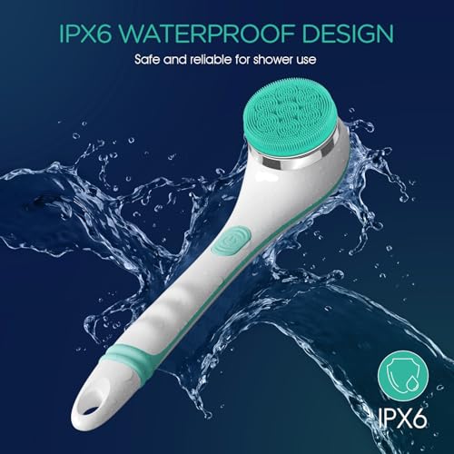 VOYOR Electric Silicone Body Scrubber, Back Brush for Shower Rechargeable | Waterproof Long Handle Body Brush, Power Bath Brush for Cleansing, Exfoliating, Massaging Skin Back Scrubber BC100, Blue - color: Blue
