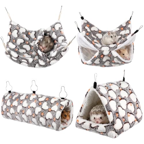 4 Pieces Ferret Hammock Set Ferret Cage Accessories Cozy Hanging Bed Tunnel Hideout Coffee Hearts Soft Coral Fleece Arctic Fleece for Hamster Guinea Pig Rat Squirrel