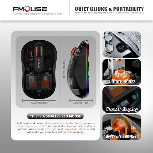 FMOUSE Transparent Wireless Mouse, Tri-Mode Bluetooth & 2.4GHz, Black | USB-A & USB-C Receiver | Rechargeable | 3 Devices for MacBook Laptop iPad PC | Silent Clicks | Portable | RGB | 4-Level DPI - color: Black