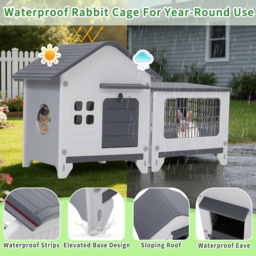 Plastic Rabbit Cage Outdoor Indoor, Bunny Cage Guinea Pig Cages with Run | Waterproof Rabbit Hutch Leak-Proof Pull-Out Tray&Chew-Proof, Easy-Clean & Ideal for Small Animal Cage Enclosure - size: 45.3"L x 20.1"W x 27.2"H