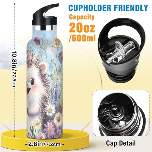 Cute Hedgehog Insulated Water Bottle with Straw Lid,Vacuum Stainless Steel Mug Leakproof Tumbler Flask Kids Water Bottle for Sports Travel School,20oz - color: Cute Hedgehog