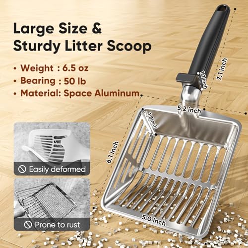 Metal Cat Litter Scoop, Large Cat Scooper with Deep Shovel & Dual Sifting Holes for Fast & Precise Sifting, Space Aluminum Kitty Litter Scooper with Long Handle & Easy-to-Hang Hook - Black - color: Black