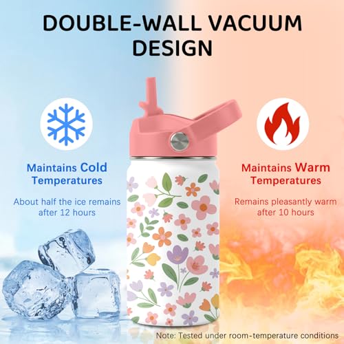 Flower Water Bottle for Son & Daughter, Stainless Steel Insulated Tumbler with Straw Lid and Handle, 12oz Reusable Leak-Proof Bottle for Sports - color: Flower-Leaf