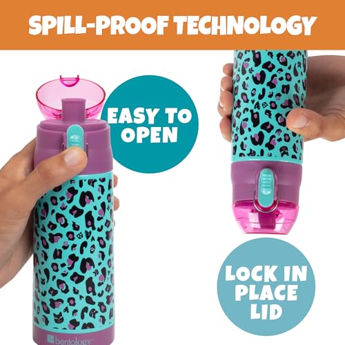 Bentology Stainless Steel 13 oz Reusable Water Bottle for Kids, Cheetah - Double Wall Insulated, Spill Proof Lid w/Built-in Straw- Keep Liquids Hot or Cold For Hours- Fits in Lunch Boxes & Bags - color: Cheetah