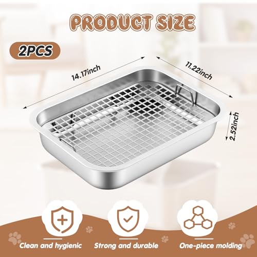 Maxcheck 2 Pcs Rabbit Litter Box, Stainless Steel Rabbit Litter Pan with 2 Grids, High Side Bunny Toilet Tray Potty Training Pan for Rats Ferret Bunny Guinea Pig(S 14.2''L x 11.2''W x 2.5''H) - size: S 14.2''L x 11.2''W x 2.5''H