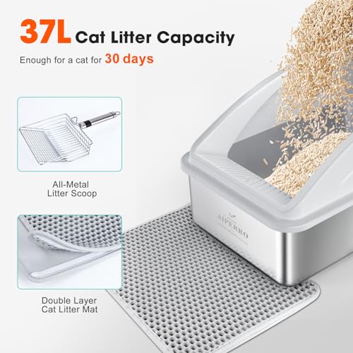 AIPERRO Stainless Steel Litter Box | XL Enclosed Cat Litter Boxes with Lid for Big Cats | High Sided, Anti-Urine Leakage | Non-Stick Bottom & Includes Litter Mat & Metal Scoop - color: Silver Grey, size: X-Large