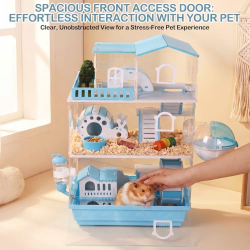 Eccliy 15 in 1 Clear 3-Layer Acrylic Hamster Cage with All Accessories, 20 x 13.7 x 10 Inch Dwarf Hamster House, Magnetic Connection Small Pet Enclosure, Garden Style Mouse Cage for Pet Mice (Blue) - color: Blue
