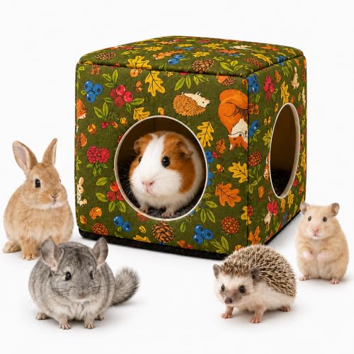 Guinea Pig Hideout House with Removable Cushion, Washable Small Animal Cube Bed, Cozy Bunny Hideaway for Guinea Pigs, Chinchillas, Hedgehogs, Hamsters & Dwarf Rabbits - color: Green Forest