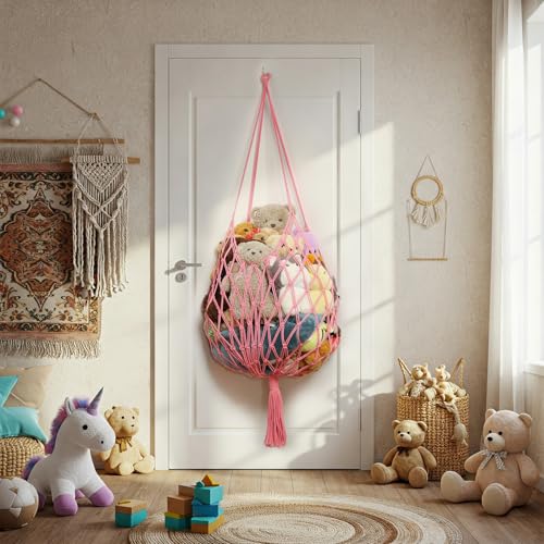 Amdermi Stuffed Animal Storage Hammock Corner Hanging Net Stuffy Animal Hammock Macrame Toy Display Plush Toy Holder for Kid Bedroom Decor Boho Nursery Playroom Organizer (pink) - color: Pink