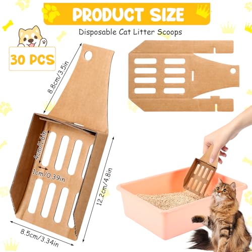 Watersay 30 Pcs Disposable Cat Litter Scoops 8.3x3.3 Inch Portable Kitty Litter Scooper with Holder Shovel Cardboard Plastic Free Litter Scoop with Holes for Travel Cat Litter Box