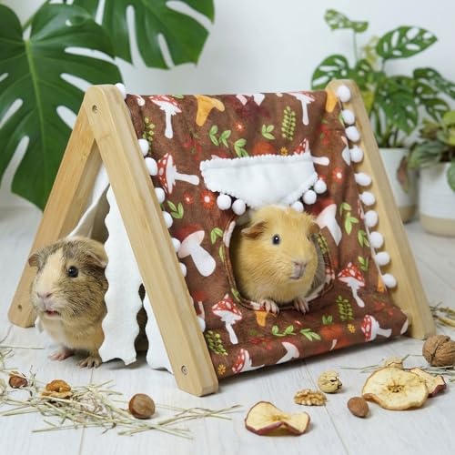 Guinea Pig Hideout No Bottom, Bamboo Small Animal House with Window, Rabbit Bunny Tunnel, Easy to Assemble for Hamsters Bunny Rat Chinchillas Playing Hiding, Guinea Pig Cage Accessories, Mushroom - color: Brown