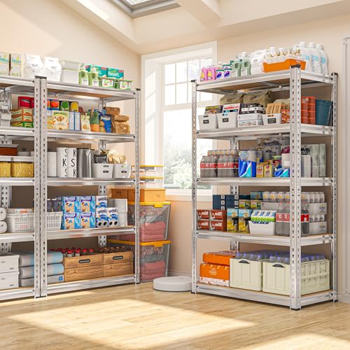 REIBII Storage Shelves,5-Tier Adjustable Waterproof Storage Rack for Pantry | Metal Garage Shelving,Rust-Resistant Build,Tool-Free,For Kitchen Closet Galvanized,12"D x 28"W x 59.8"H,2020LBS,Sliver - size: 28"W x 12"D x 59.8"H