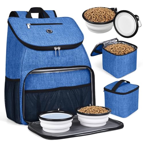 BAGLHER丨Dog Travel Bag, Airline Approved Pet Supplies Backpack, Dog Travel Backpack with 2 Silicone Collapsible Bowls and 2 Food Baskets - color: Blue-A