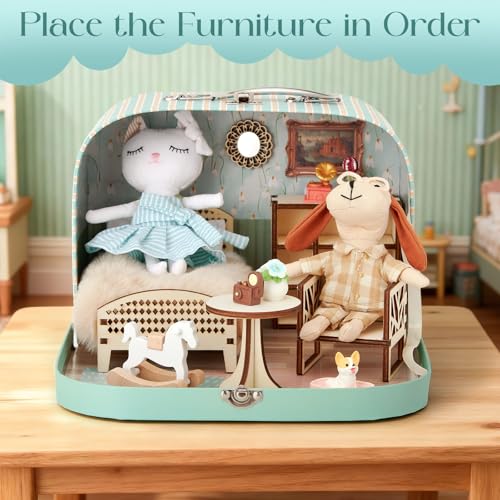 TUZT Portable Dollhouse Suitcase for Ages 3-8, Foldable Bedroom Playset with 21 Wooden Furniture, Cute Animal Dolls & Accessories, Travel-Friendly Pretend Play Toy - style: Living Room