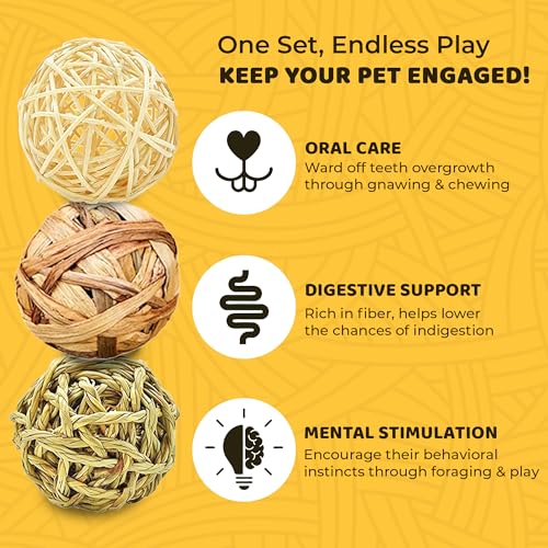 SunGrow 3 Pack Rabbit Chew Ball, Assorted Grass Teething Toy for Small Pocket Pet, Dental Wear Support, Boredom Relief Activity, Safe Woven Treat Enrichment for Bunny Guinea Pig Hamster Rat
