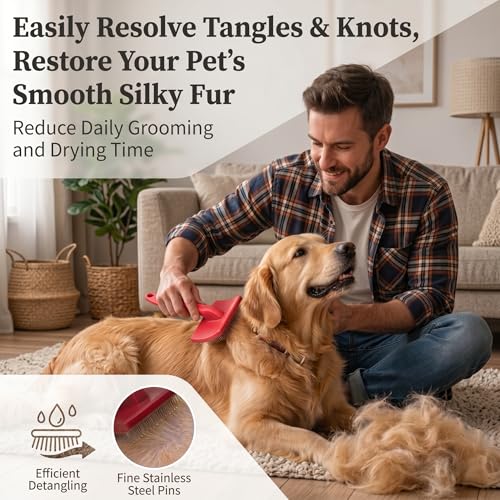 Wooden Long Pin Slicker Brush for Large Dog, Poodles & Doodles Long Hair | Grooming, Fluff & Detangle Heavy Dense Wavy Curly Coats to Easily Prevent Severe Hair Matting During Shedding Seasons - color: Red