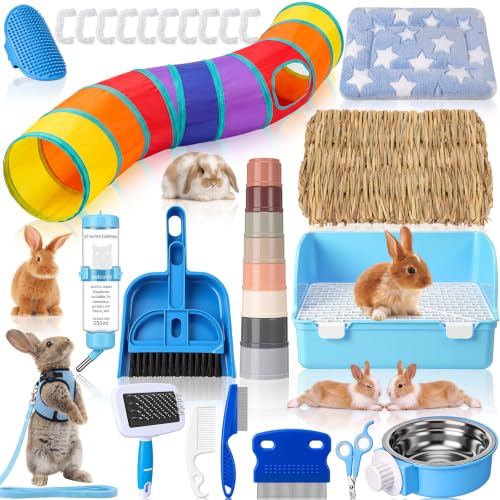 34 Pcs Rabbit Starter Kit Rabbit Litter Box Small Animal Water Bottle Cups Bunny Tunnels Animal Grooming Kit Bowl Blanket with Cleaning Set for Guinea Pig Bunny(Style 3,Light Blue) - color: Light Blue, style: Style 3