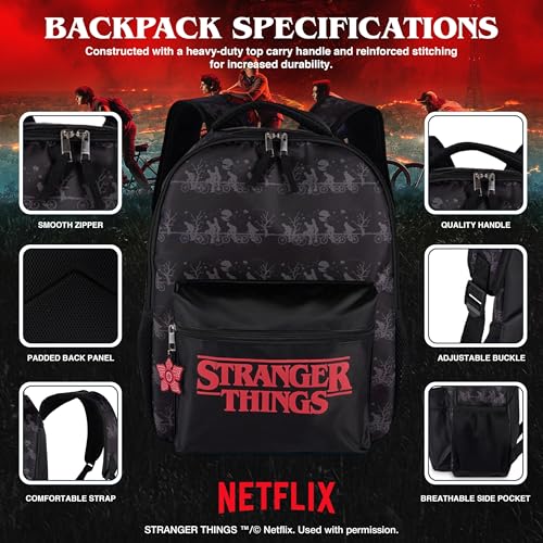 AI ACCESSORY INNOVATIONS Stranger Things Backpack with Character Graphic Pattern, Black, 16x12x5 Inches, Polyester, 3 Pockets, Water Repellent, Adjustable Straps, Padded Back - color: Stranger Things