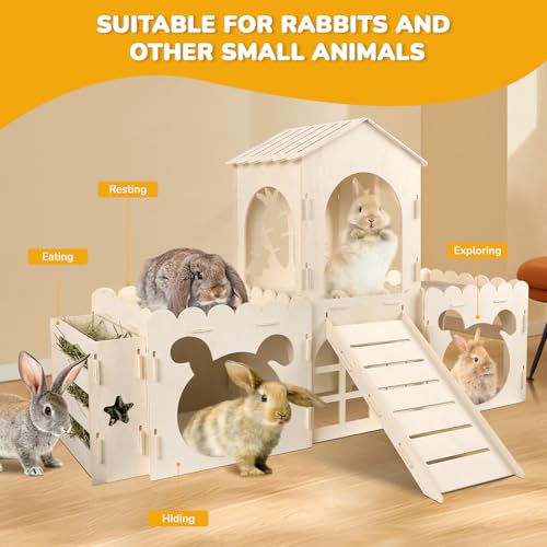 Extra Large Rabbit Castle, Wooden Bunny House & Hay Feeder, Detachable Rabbit Hideaway, Indoor Rabbit Castle with Ramp, Small Animal Houses & Habitats with Sisal Mat - size: 4 House with 2 Mat
