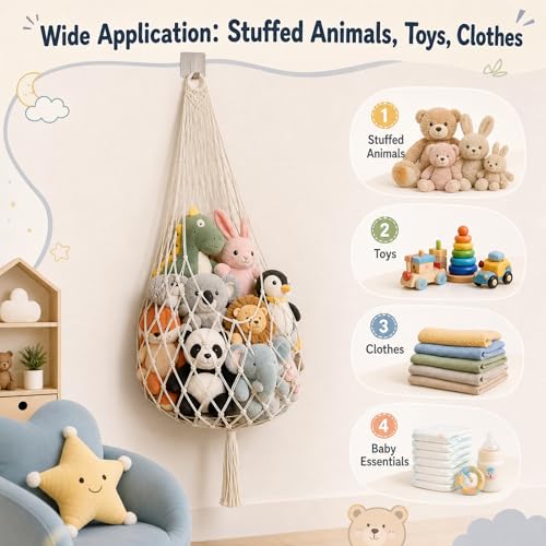 Corner Hanging Toy Hammock, Large Stuffed Animal Storage Net for Kids Room, Boho Nursery Decor, Easy Install with Hooks, Holds 100+ Plushies, Soft Cotton Rope, off white