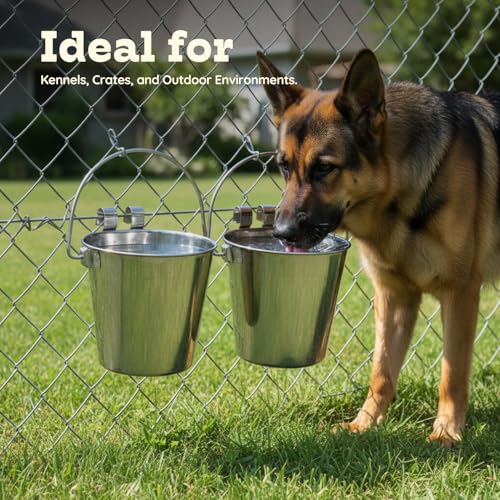 6 Quart Stainless Steel Flat Sided Bucket with Dual Hooks | 2 Pcs Food & Water Bowl for XL Dog Goat Cattle Horse & Livestock | Fits kennel Crate Cages Farm Hanging Pet Pail | Multipurpose - size: 6 Quart (Pack of 2)