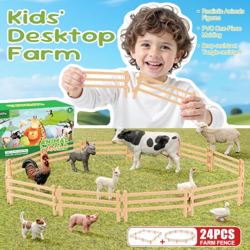 24PCS Farm Animal Toys Corral Fence for Kids Age 3-5 5-7 4-8 Years Olds Boys Girls, Educational Farm Animal Cake Toppers for Toddlers 3 4 5 6 7 8 9 10 - style: Yellow 24PCS