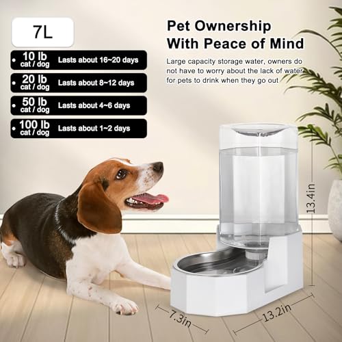 Sfozstra Dog Water Bowl Dispenser: 7L White Gravity Stainless Steel Bowl | Stable Non-Slip Base/Easy Refill/Indoor & Outdoor Use/Food-Grade Materials/Indoor & Outdoor Use - color: White, size: 6L Without Filter