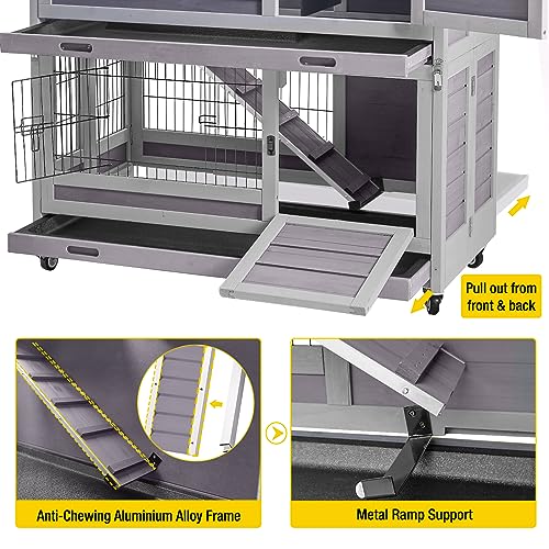 Aivituvin Large Rabbit Hutch Indoor and Outdoor Folding Bunny Cage on Wheels Guinea Pig Cage with Deep No Leak Pull Out Tray,Upgrade Version (Light Gray)