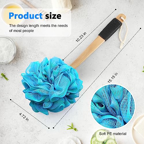 FORENEE Blue and Green Loofah on a Stick, PE Mesh Back Scrubber | Soft PE mesh for rich lather and gentle cleansing; water-resistant coated wood handle, non-slip rubber grip and hanging loop - style: Green Blue