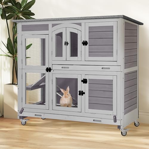 2-Story Rabbit Hutch with Wheels, Bunny Cage with Two Deepened Leak-Proof Trays, Indoor Outdoor Guinea Pig Cage with Waterproof Asphalt Roof - Grey - color: 44"L Grape Purple