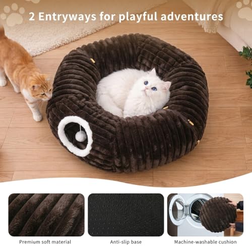 Dogpals Cat Tunnel Bed Cave 33" Lx10 Wx10 H for Indoor Cats (Coffee) | Washable Cozy Cushion, Soft Striped Plush Fabric, Hideaway Peekaboo Cave for Kittens, Puppies, Rabbits & Small Pets - color: Coffee