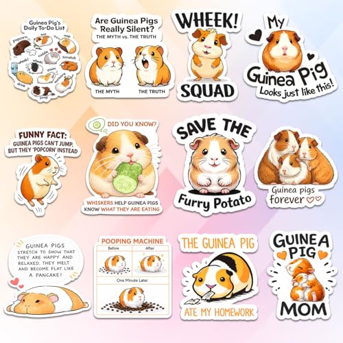 (12pcs-3in) Funny Guinea Pig Sticker Stickers Cute Cavy Lovers Quotes Gifts | Gifts for Guinea Pig Owners Moms Kids Teens Friends Suitable for Laptop Water Bottle Tumbler Notebook Journal Phone Case Mugs - color: Guinea Pig T2, size: 3 Inches