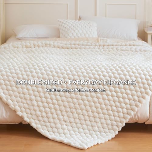 XeGe Luxury Bubble Fluffy Faux Rabbit Fur Bed Blanket King Size, Beige | 104"x90", Double-Sided, Hypoallergenic, No-Shed, Washable, Boho Furry Blanket for Master Bedroom, Couples & Family Snuggling - color: Beige, size: King (104" X 90")