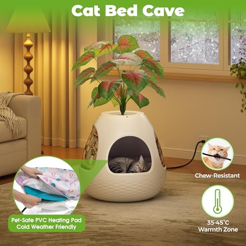 COZIWOW Eggloa6 Plant Litter Box, Hidden Cat Litter Box Enclosure, Odor Removal System, Replaceable Scratching Board, Scoop, Cat House with Cushion ＆ Heating Pad, Artificial Plants (White) - color: Light White