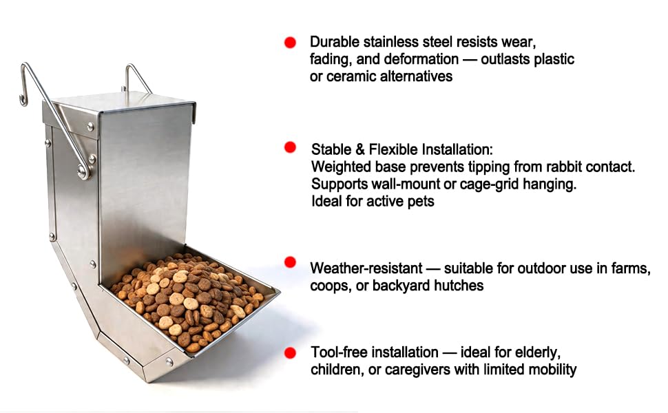 Rabbit Feeder - Small Animal Stainless Steel Gravity Feeding Trough with Lid, Outdoor Durable Cage Feeder Holds Several Days' Food (4 Inch/1.5Lbs) - size: 1 pc