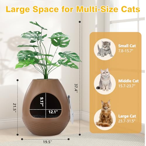 Eggloa6 Hidden Cat Litter Box with Artificial Plants ＆ Odor Removal System, Egg-Shaped Enclosure Includes Scoop ＆3PCS Liners Secret, Discreet Furniture, DIY Assembly Cat Litter Box Cabinet (Brown) - color: Brown