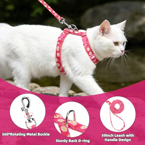 PUPTECK Adjustable Cat Harness and Leash Set Escape Proof Kitten Strap Collar for Walking Travel, Daisy Pattern - color: Fuchsia(Daisy), size: Small