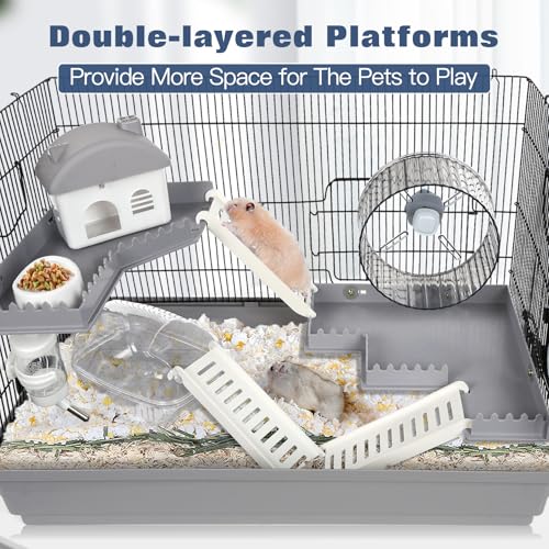 Large Hamster Cage Starter Kit 22x12x15in for Syrian Hamster Dwarf Hamster | with Large Silent Wheel, Large Bathtub, Hide-House, 2 Platforms, 3 Ladders, Water Bottle, Food Bowl, 2 Tube Ports, 2 Handles