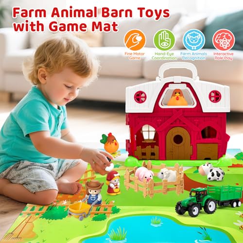 Farm Animal Toys for Toddlers 1-3, Big Barn Montessori Learning Playset | Animal Finger Puppets, Farm Mat and Tractor, Interactive Pretend Play, Christmas Birthday Gifts for 12-18 Months+