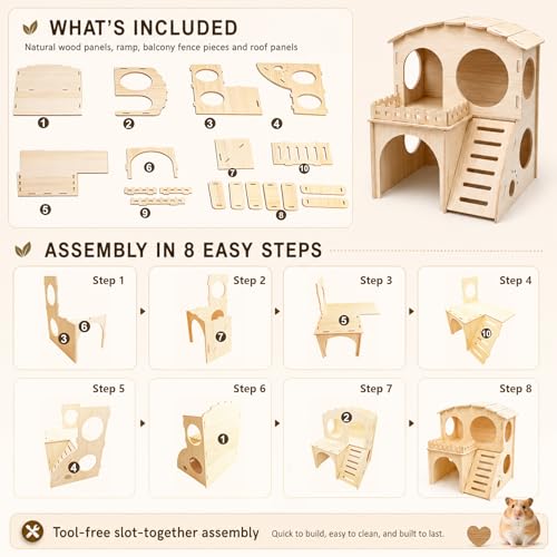 Large Guinea Pig Hideout Place, Double Layered Wooden Hamster House with ramp and Hamster Platform. Suitable for Hiding Places for Small Animals Such as Guinea Pigs, Hamsters, Rabbits, etc. - color: Castle