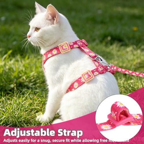 PUPTECK Adjustable Cat Harness and Leash Set Escape Proof Kitten Strap Collar for Walking Travel, Daisy Pattern - color: Fuchsia(Daisy), size: Small