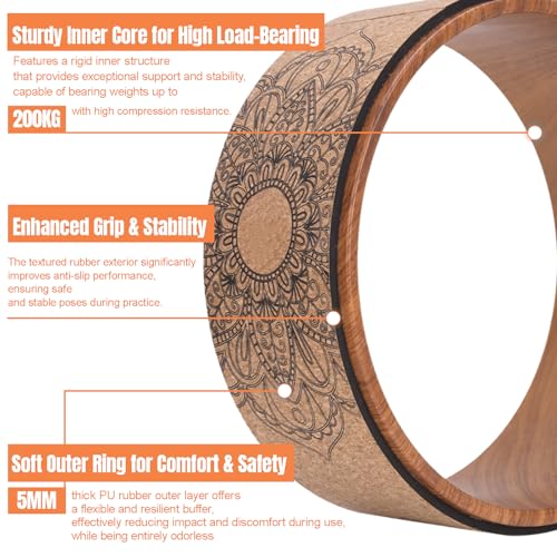 High Density PU Rubber Yoga Wheel for Stretching and Flexibility to Help Back Aches and Tension, Tear, Flexible Roller Designed, Extend Premium Back Roller - color: Wood grain inner ring