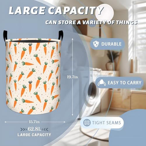 Playful Carrot with Green Leaf Laundry Basket with Handles, 19.7"x15.7" Clothes Foldable Polka Dot Design Laundry Hamper Organizer for Dorm Nursery Bedroom Bathroom Decor, Toy Storage Bin for Kids - style: Carrot02