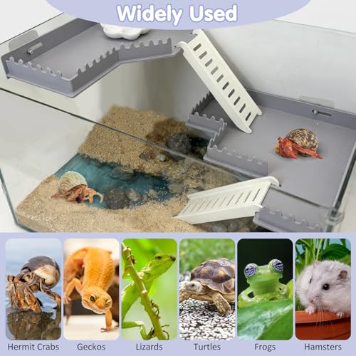 Hermit Crab Climbing Platform L-Shaped & M-Shaped Hermit Crab Climbing Toys with Ladder and Food Dish Habitat Tank Accessories for Reptiles Hamsters Geckos Small Lizards (Gray)