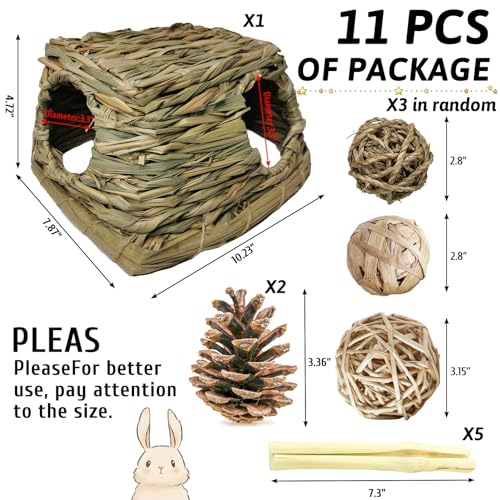 PINVNBY Guinea Pig Grass House Bunny Hay Hideout Tunnel Small Pet Straw Hut with Chew Toys for Bunny Hamster Rat Chinchilla Hedgehog Gerbil (Ball at Random)