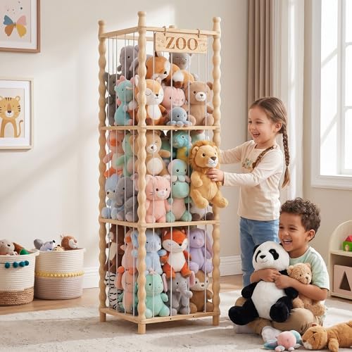 Stuffed Animal Storage Organizer, Wood Animals Zoo Toy Plushies Storage Holder with Cute Wave Design, Large Capacity Plush Toy Cage for Kids Room, Nursery & Playroom Organization(54" Tall)