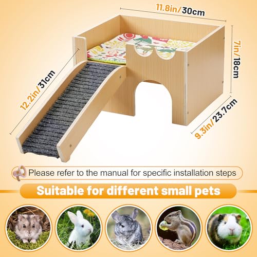 MEWTOGO Upgraded Sturdy Wooden Guinea Pig Castle with Stairs & Mat | Easy to Assemble, Sturdy, Playing Hiding House, for Hamsters Bunny Chinchillas Small Animals - size: Small